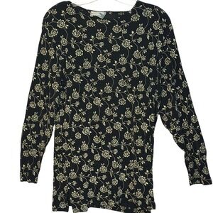 Vintage 90's Minimalist Frazier Lawrence Black Floral Top Long Sleeve Romantic S
